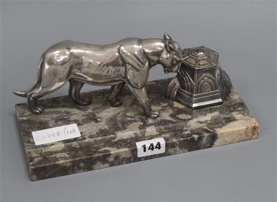 A silvered metal Art Deco style panther inkwell width 26cm